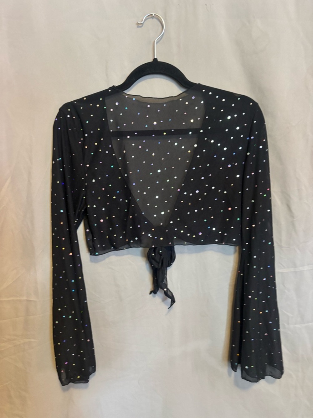 Black Sheer Tie-Front Crop Top with Iridescent Dots gems sparkly raveware club - Picture 7 of 7
